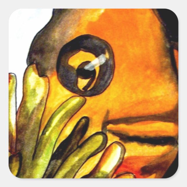 Pegatina Cuadrada Naranja Payaso Pescado acuarela pintura original (Anverso)
