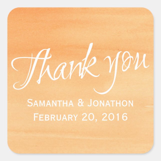 Pegatina Cuadrada Naranja Peach Watercolor Boda (Anverso)