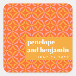 Pegatina Cuadrada Naranja personalizado Boda de tipografía retro ama