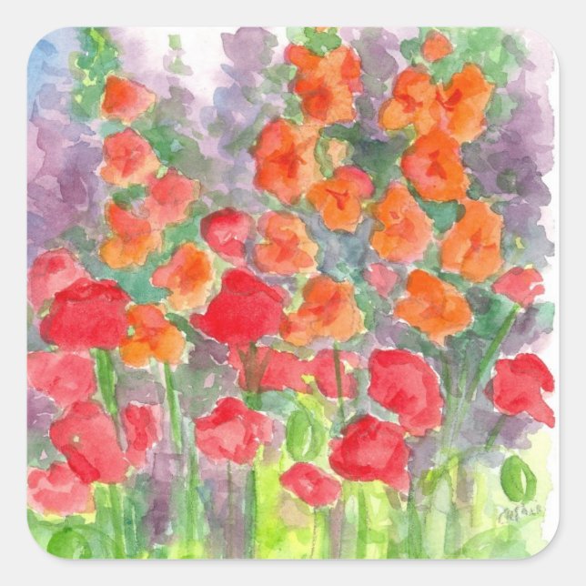 Pegatina Cuadrada Naranja Poppy Gladiola Flower Watercolor Garden (Anverso)