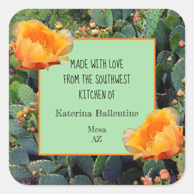 Pegatina Cuadrada Naranja Pricky Pear Cactus / "Desde la cocina de" (Anverso)