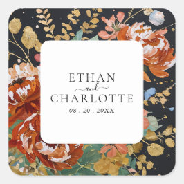 Pegatina Cuadrada Naranja quemado Peonies Boda de oro de pintura flo
