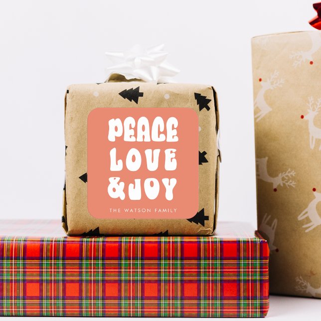 Pegatina Cuadrada Naranja Retro Groovy Peace Love Joy Holiday (Orange Retro Groovy Peace Love Joy Holiday Square Sticker)