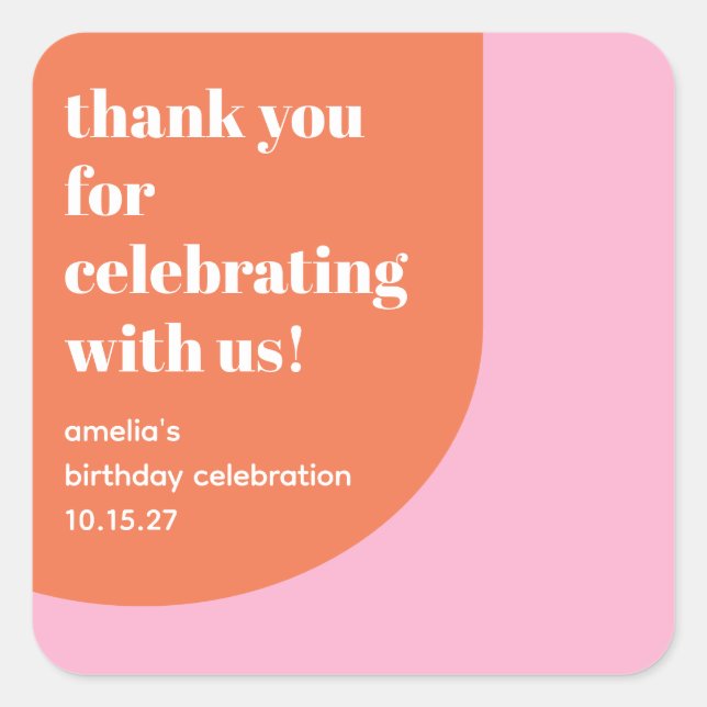 Pegatina Cuadrada Naranja Rosa Cute 21ª Personalizado de cumpleaños  (Anverso)