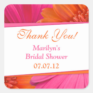 Pegatina Cuadrada Naranja Rosa Gerbera Daisy Bridal Shower