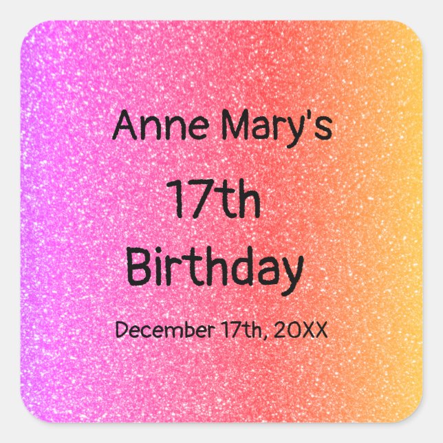 Pegatina Cuadrada Naranja rosa Purpurinoso 17º Personalizado de cump (Anverso)