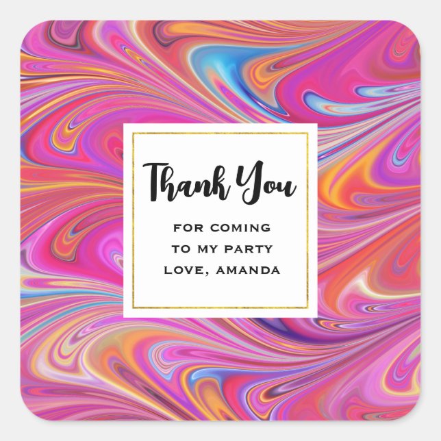 Pegatina Cuadrada Naranja Rosa Swirls Resumen Fiesta de diseño Graci (Anverso)