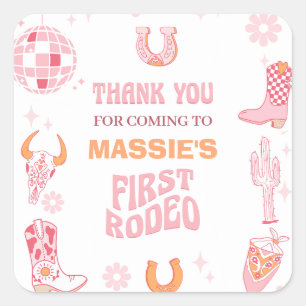 Pegatina Cuadrada Naranja Rosado Retro Primer Rodeo Primer Cumpleaño