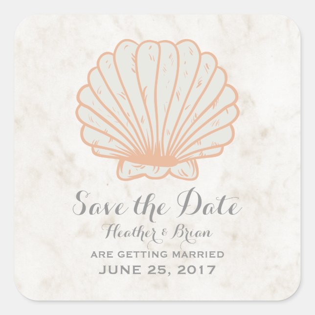 Pegatina Cuadrada Naranja Rustic Seashell Save the Date (Anverso)