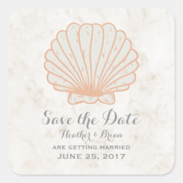 Pegatina Cuadrada Naranja Rustic Seashell Save the Date