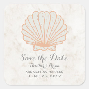 Pegatina Cuadrada Naranja Rustic Seashell Save the Date