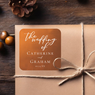 Pegatina Cuadrada Naranja Rústico Quemado Tipografía Boho Boda