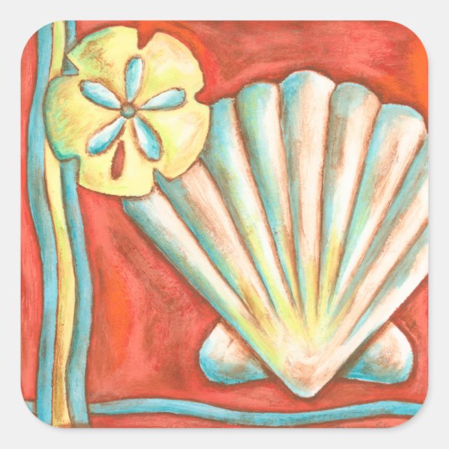 Pegatina Cuadrada Naranja Rústico Seashells (Anverso)