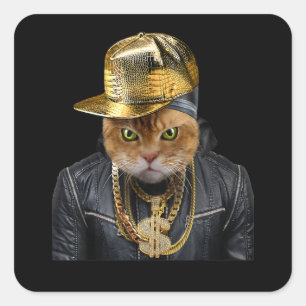 Pegatina Cuadrada Naranja Tabby Cat Rapper Como Artista De Hip Hop