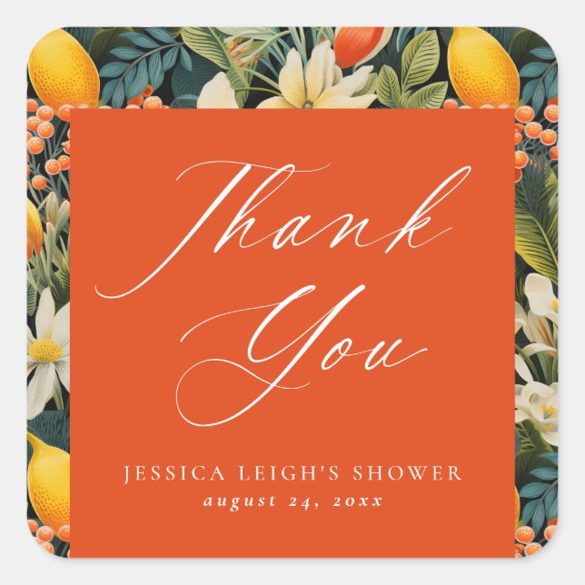 Pegatina Cuadrada Naranja tropical Paraíso Gracias (Anverso)