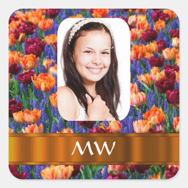 Pegatina Cuadrada Naranja tulipán foto personalizada (Anverso)