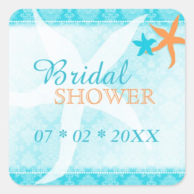 Pegatina Cuadrada Naranja Turquesa Beach Bridal Shower (Anverso)