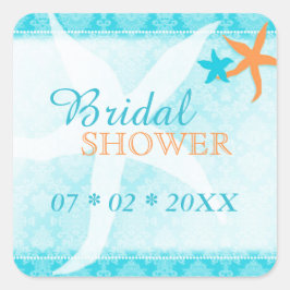 Pegatina Cuadrada Naranja Turquesa Beach Bridal Shower