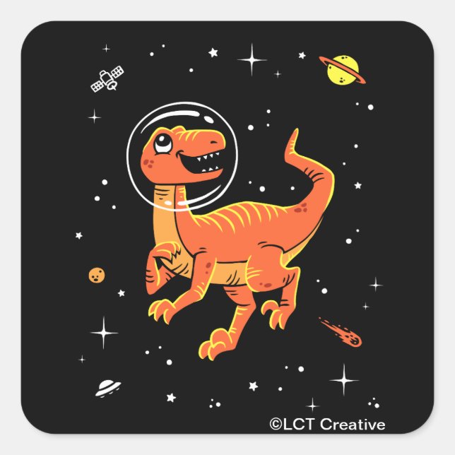Pegatina Cuadrada Naranja Tyrannosaurus Dinos En El Espacio (Anverso)