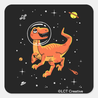 Pegatina Cuadrada Naranja Tyrannosaurus Dinos En El Espacio