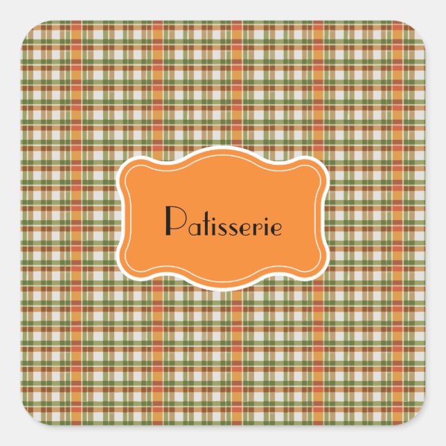 Pegatina Cuadrada Naranja Verde Gingham (Anverso)