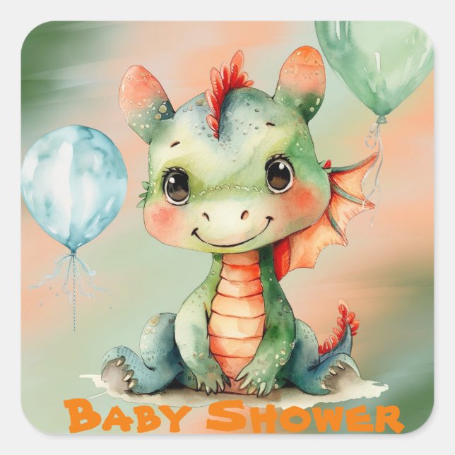 Pegatina Cuadrada Naranja verde lindo Dragon Boy Baby Shower (Anverso)