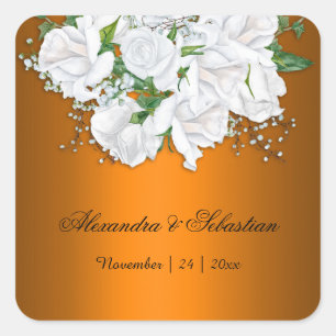 Pegatina Cuadrada Naranja vibrante moderno y Boda de rosas blancas