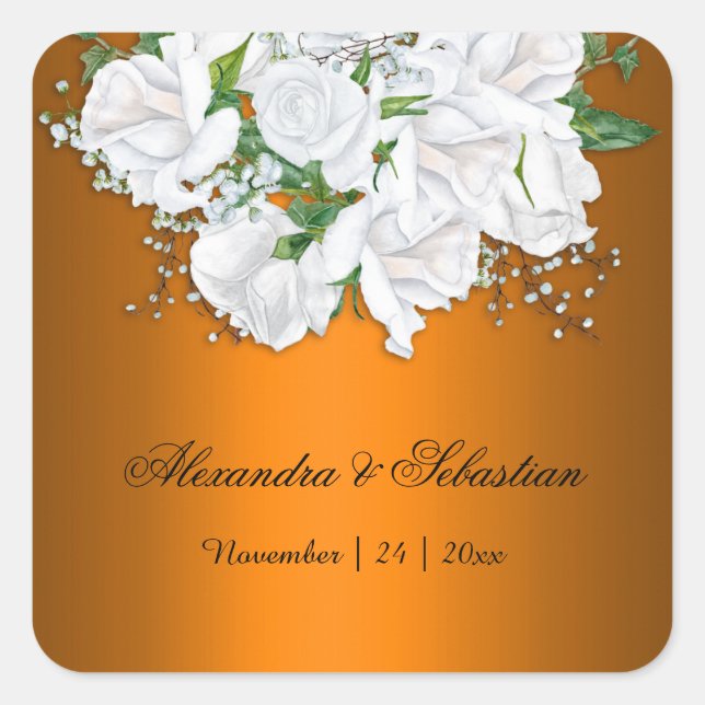 Pegatina Cuadrada Naranja vibrante moderno y Boda de rosas blancas (Anverso)