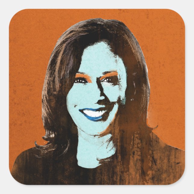 Pegatina Cuadrada Naranja y Blue Kamala Harris Pop Art (Anverso)