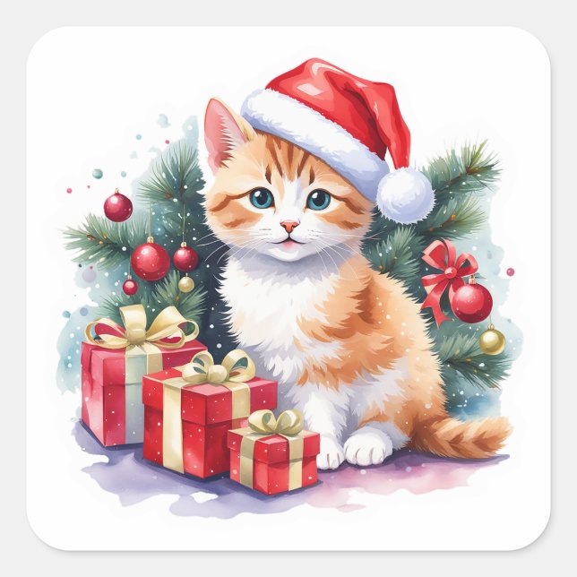 Pegatina Cuadrada Naranja y Santa Kitten blanco con presentes (Anverso)