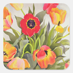 Pegatina Cuadrada Naranja y tulipanes rojos