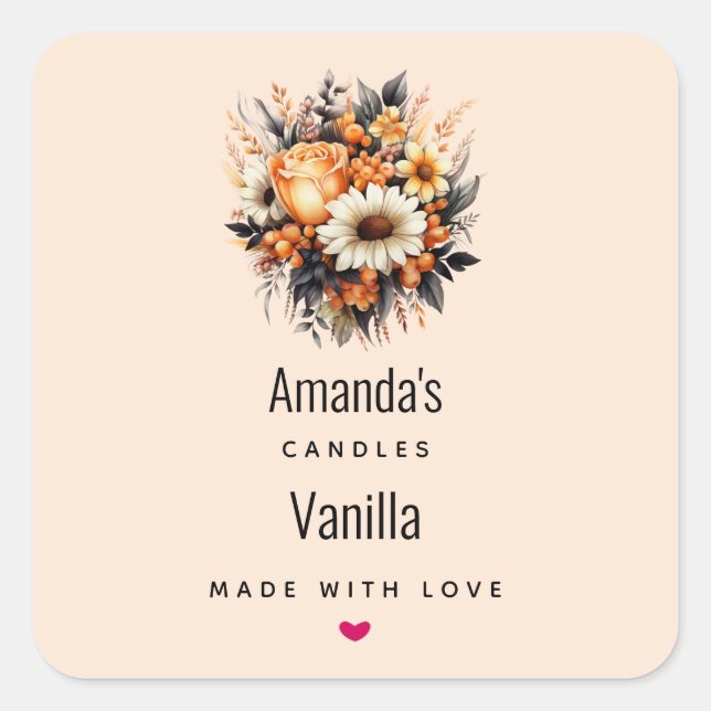 Pegatina Cuadrada Naranja Yellow Grey Flower Bouquet Candle Business (Anverso)
