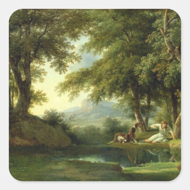 Pegatina Cuadrada Narciso Admirando su reflexión (Anverso)