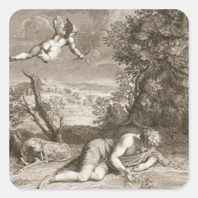 Pegatina Cuadrada Narciso transformado en flor, 1730 (engravi (Anverso)
