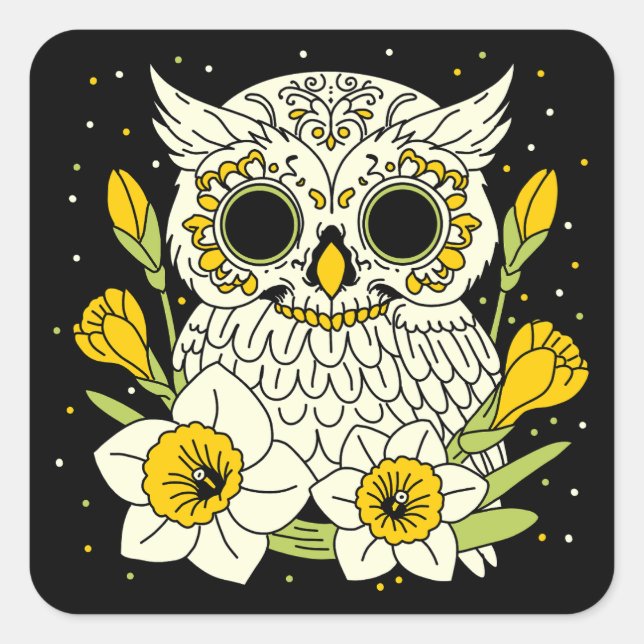 Pegatina Cuadrada Narcissus & Owl Skull (Anverso)