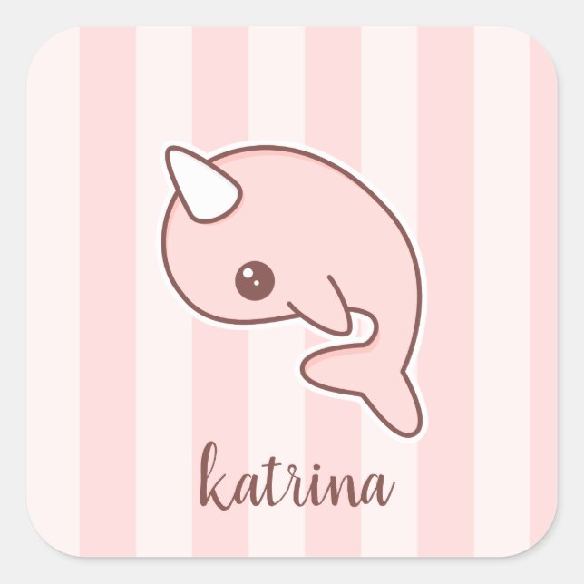 Pegatina Cuadrada Narwhal de Personalizado rosa lindo con rayas (Anverso)