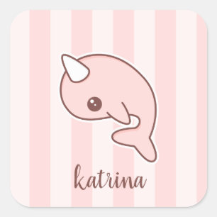 Pegatina Cuadrada Narwhal de Personalizado rosa lindo con rayas