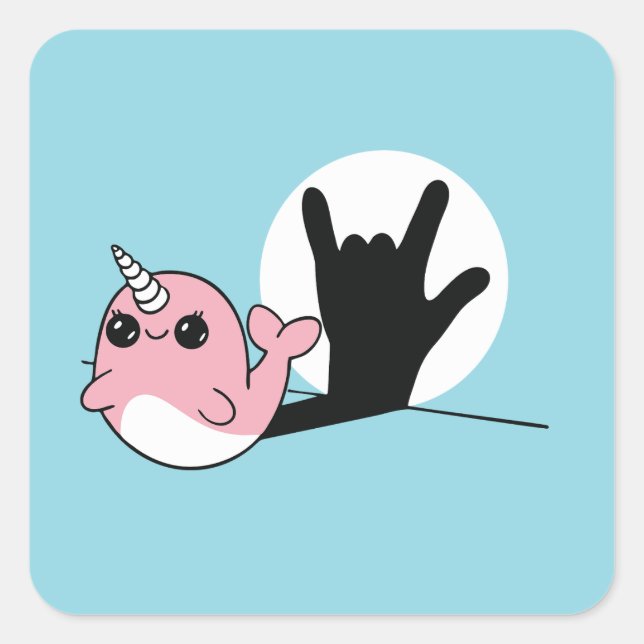 Pegatina Cuadrada Narwhal rosado ASL te amo - Diseño de cultura sord (Anverso)