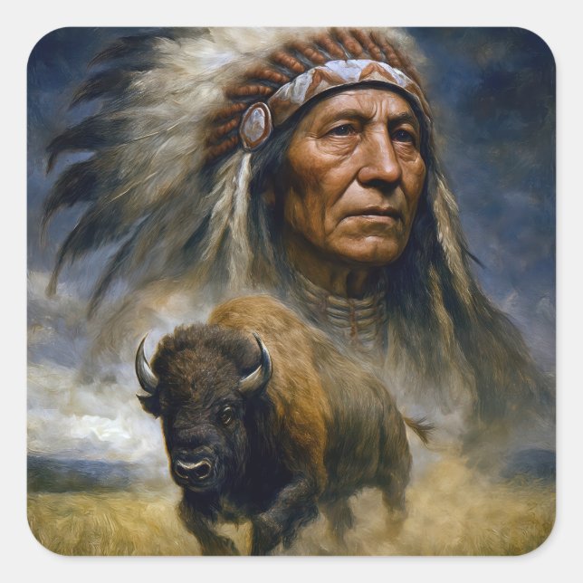 Pegatina Cuadrada Native American Chief with Charging Buffalo (Anverso)