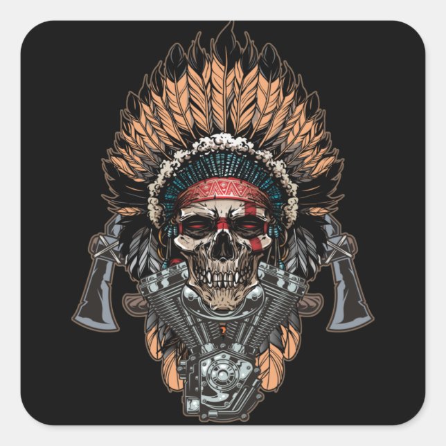Pegatina Cuadrada Native American Indian Chief Skull Motorcycle (Anverso)