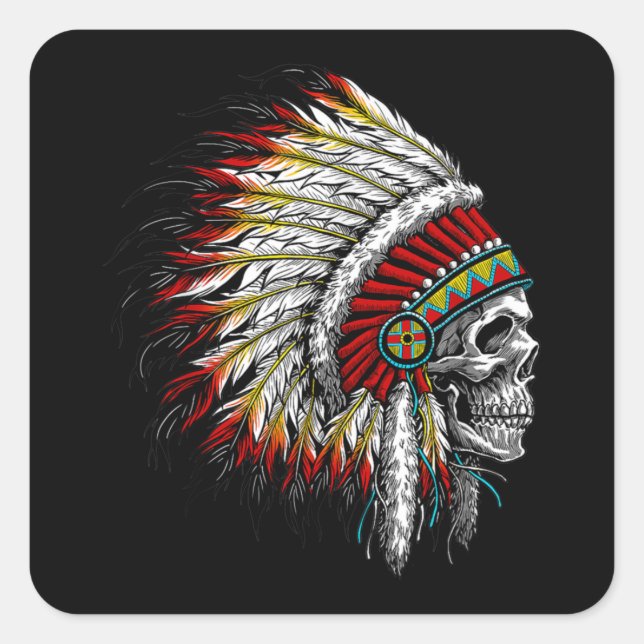 Pegatina Cuadrada Native American Indian Chief Skull Motorcycle (Anverso)