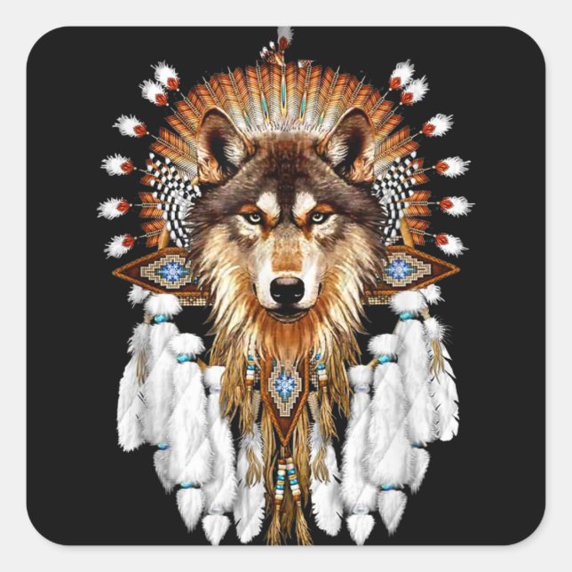Pegatina Cuadrada Native American Wolf - Wolf Lovers (Anverso)