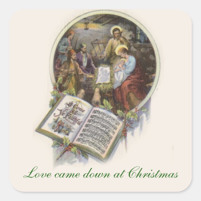 Pegatina Cuadrada Natividad Bendición Madre Bebé Jesús Música (Anverso)