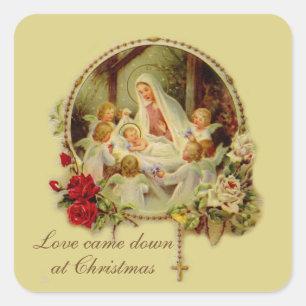 Pegatina Cuadrada Natividad Bendición Madre Bebé Jesús Rosas Rosa