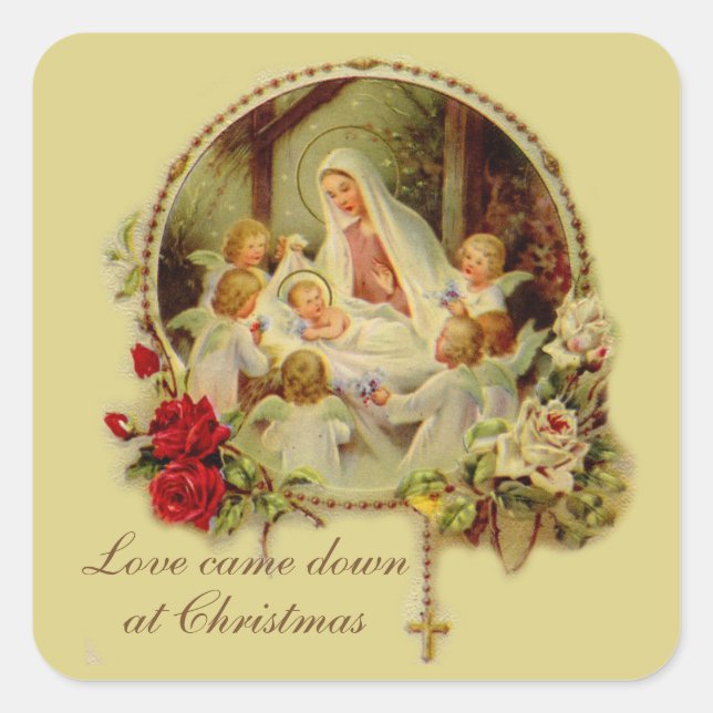 Pegatina Cuadrada Natividad Bendición Madre Bebé Jesús Rosas Rosario (Anverso)