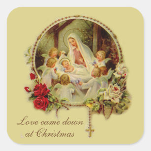 Pegatina Cuadrada Natividad Bendición Madre Bebé Jesús Rosas Rosario