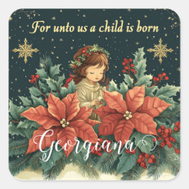 Pegatina Cuadrada Natividad bíblica personalizada niño y verso