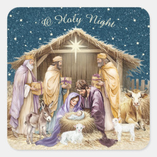 Pegatina Cuadrada Natividad de Navidad en acuarela 