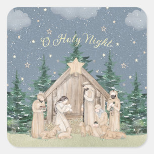 Pegatina Cuadrada Natividad de Navidad en acuarela
