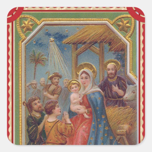 Pegatina Cuadrada Natividad Vintage Diseño del Niño Jesús (Anverso)